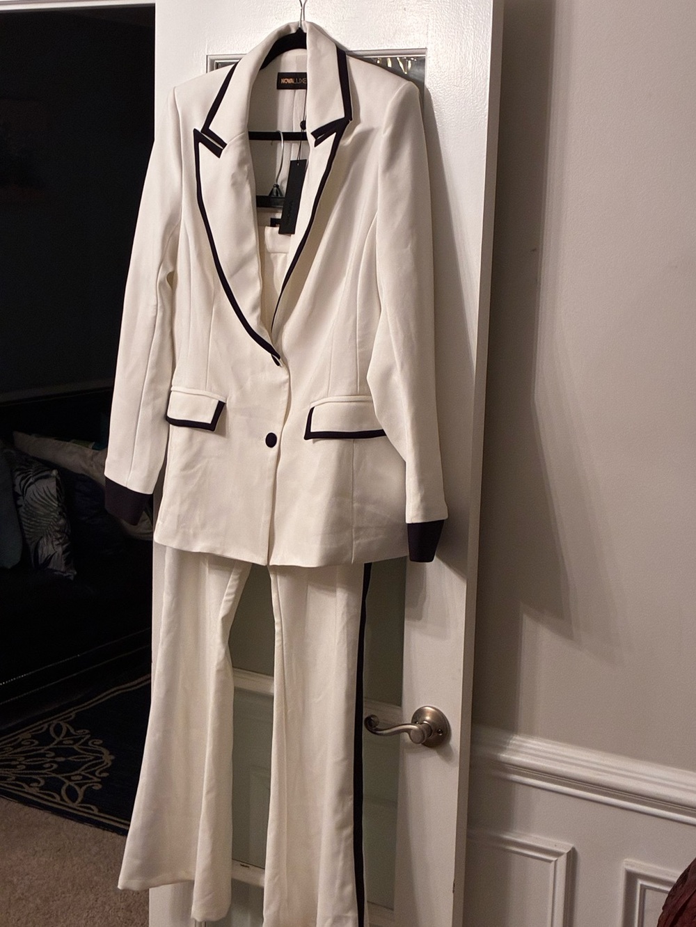 Fashion Nova White Blazer and Trouser Set with Black Trim
